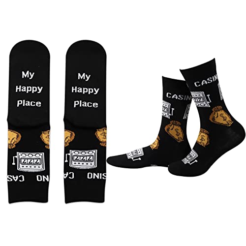 PXTIDY Gambler Gift 2 Pairs Novelty Gambling Socks My Happy Place Lucky 777 Jackpot Casino Slot Machine Socks Slot Machine Winner 777 Dress Socks Casino Lover Gift