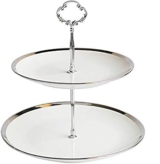 Iamagie Cupcake Stand Tower Dessert Display Plate 2-Tier Round White Ceramic Serving Tray Dish Treat Stacked Pastry Fruit Serving Platter Tree Stand for Gift Tea Party Restaurant, Silver Edge