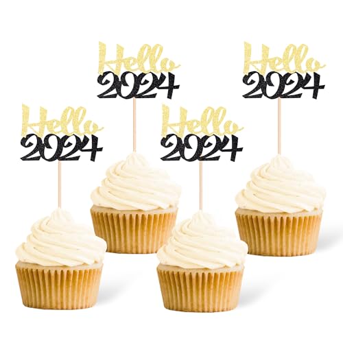 Gexolenu 24 Pcs Hello 2024 Cupcake Toppers Glitter Gold And Black Welcome 2024 Happy New Year Cake Picks Cheers To 2024 Cupcake Toppers For New Year Eve Party Decoration Supply