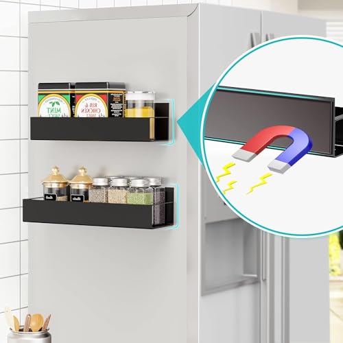 Image of OrganizeMee Movable Kitchen Organizer Storage Spice Magnetic Rack, Decorate Your Fridge,Washing Machine & Microwave Oven with Magnetic Metal Fridge Side Rack 1 Year Warranty: Black Set Of 4