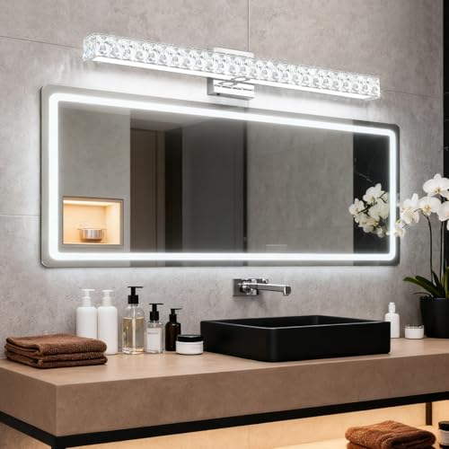Image of SOLFART Bathroom Vanity Lighting, Crystal Bathroom Light Fixtures Over Mirror LED Lights for Restroom, 32.5 Inch Chrome Light Over Mirror