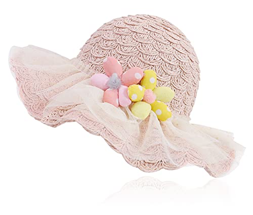 Bienvenu Kids Girls Straw Hat with Two Flowers, Toddler Wide Brim Sun Hat, Girls Hat for Summer Beach Travel Party Outdoor