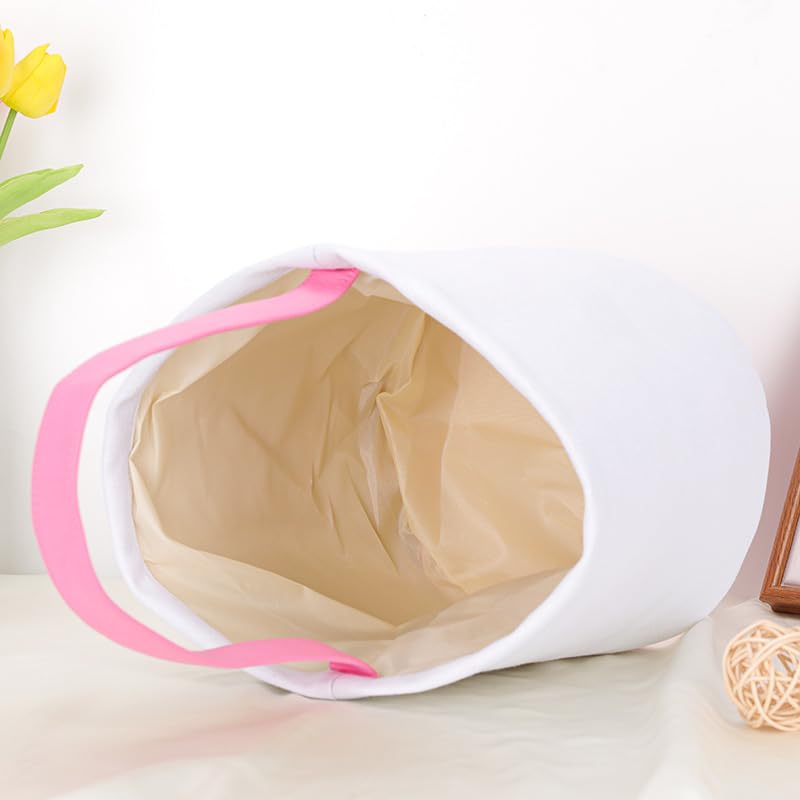Image of Easter Bunny Basket Bag for Kids, Canvas Cotton Egg Hunt Tote with Rabbit Print, Bunny Gift Bag for Boys and Girls, Lightweight Reusable Candy and Egg Holder, Multiple Colors (bunny Basket - Pink)