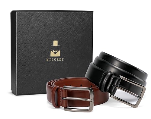 Image of MILORDE Men's Leather Dress Belt 2Pack, Handmade, Genuine Leather, Fashion & Classic Designs for Work Business and Casual