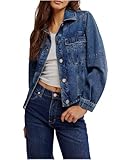 Women's Button Down Long Sleeve Cropped Denim Jean Jacket with Pockets