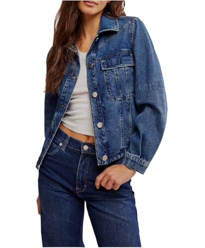 Women's Button Down Long Sleeve Cropped Denim Jean Jacket with Pockets