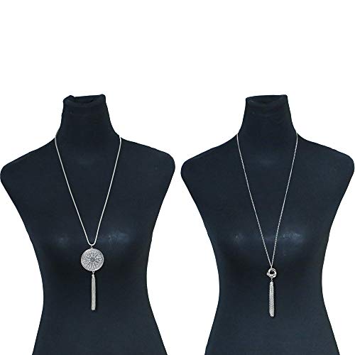 FUNRUN JEWELRY 2PCS Long Pendant Necklaces for Woman Knot Disk Circle Tassel Y Necklaces Set (2PCS Silver Tone)