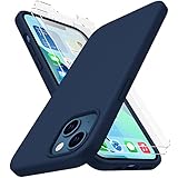CellEver Heavy-Duty Silicone Case for iPhone 13 - Two Shatterproof Glass Screen Protectors, Military Drop Protection, Scratch-Free Interior, Navy Blue