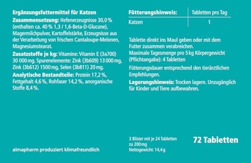 almapharm ImmuStim K | 72 Tabletten | Ergänzungsfuttermittel für Katzen | Vitalstoffe für das Immunsystem | Zur Unterstützung des Immunsystems | Enthält beta-Glucane