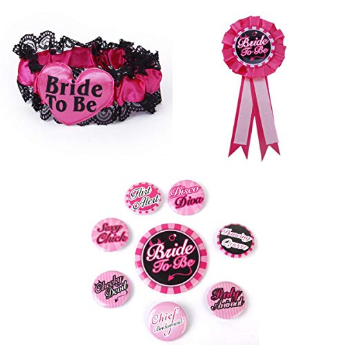 LOVIVER Hen Night Party Hot Pink Black Lace Garter Gift + Badge Rosette Hen Night Bachelorette Party Accessory + Hen's Part