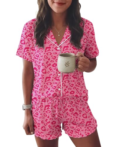 Image of Ekouaer Womens Pajama Sets Button Down Short Sleeve Top and Shorts Cute Ruffled Pjs Sets Sleepwear