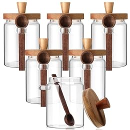 Remerry Set of 6 Glass Jar with Wooden Lid and Spoon, 20 oz Coffee Bean Tea Sugar Jar Set, Clear Airtight Spice Canisters Glass Food Storage Kitchen Containers for Coffee Bean Tea Sugar