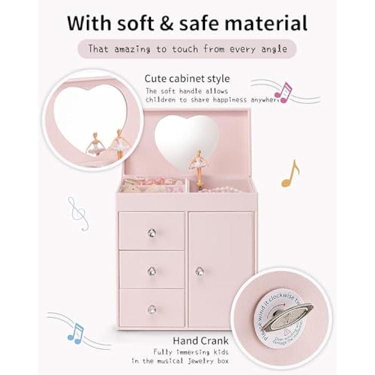 Vlando Musical Jewelry Box for Girls - Valentines Day Gift for Kid - Large Kid Music Box with Ballerina for Birthday Bedroom Decor, 4 Layer Girl Jewelry Gifts for Girls Kids - Light Pink