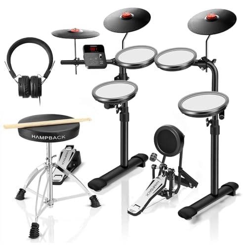 MK-0 PRO Electric Drum Set with 7” Mesh Drum Pads, 8” Full Rubber Cymbals, 5” Bass Drum, 12 Kits and 68 Authentic Sounds, USB MIDI, Throne, Sticks, Headphone, Suitable for Beginners & Kids