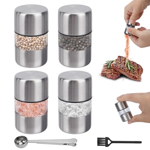 WRENYZK 4 Stück Mini Salz- und Pfeffer-Mühlen Set, Klein Salzstreuer für Unterwegs mit Kaffeelöffel & Beutelclip, Pfeffer und Salzmühle Gewürzmühle mit Edelstahl für Küche Camping