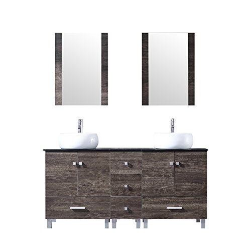 Bathjoy 60" Double Ply Wood Bathroom Vanity Cabinet And Round Ceramic Sink W/Mirror Combo Wash Basin With Faucet #TOP18