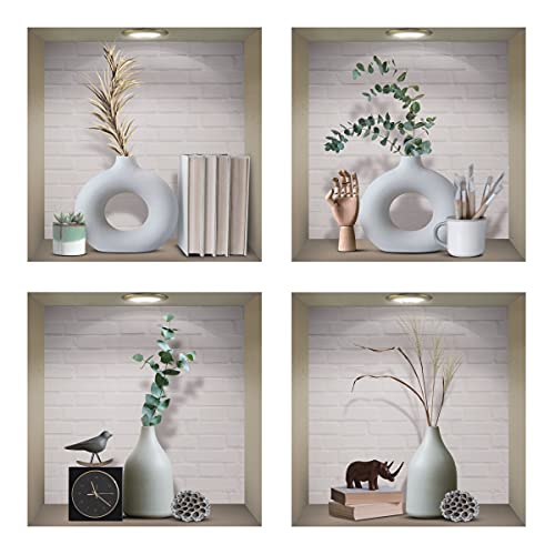 Iarttop 3D Vase Art Magic Wall Decal, Elegant White Vases Wall Sticker, Vintage Green Plants Decals For Dining Room Bedroom, Creative Diy Botanical Living Room Wall Art Mural, Set Of 4 (12”X12”) #TOP7