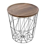Carousel Home Modern Black Metal Storage Side Table with Wooden Lid | Round Wire Basket Table for Living Room Bedroom - 40cm