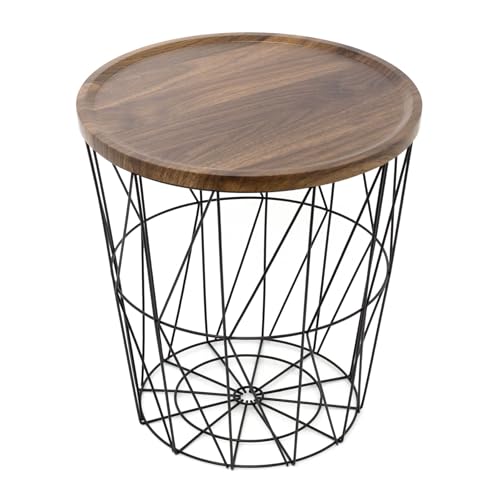 Carousel Home Modern Black Metal Storage Side Table with Wooden Lid | Round Wire Basket Table for Living Room Bedroom - 40cm