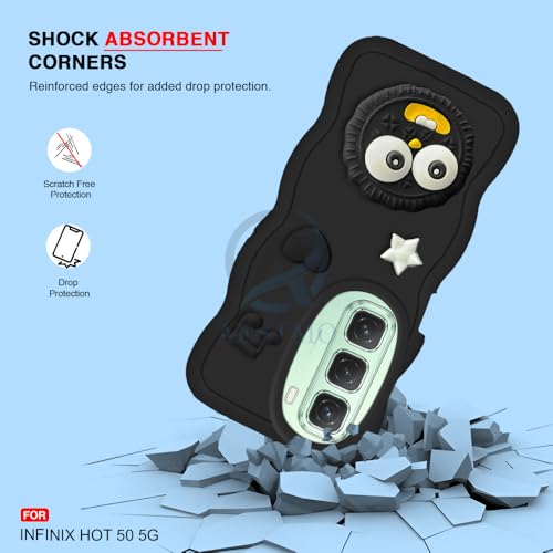 Image of AESTMO Back Case Cover for Infinix Hot 50 5G | 3D Cute Fun Cartoon Characters | Anti Slip Grip Cute Wave Curly Frame Shape | Full Body Protection Back Cover for Infinix Hot 50 5G (Black)