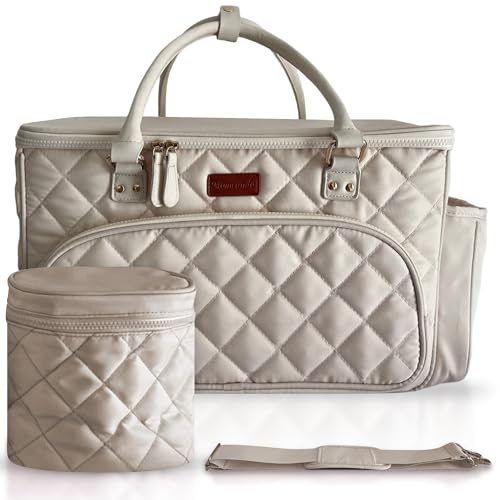 MOMCANDO Diaper Bag Tote with Dividers, Zipper, Top Cover and Strap, Larger Size with insulated storage bag - Beige