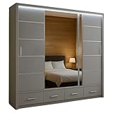 Seattle Sliding Mirror Wardrobe with High Gloss Doors, LED Light, Drawers Shelves & Hanging Rails – Modern Bedroom Furniture – Grey, Black & White – 207cm / 255cm (Grey, 255cm)