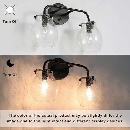 Image of KSANA Black Bathroom Light Fixtures, 2 Light Matte Black Vanity Lights for Bathroom with Seeded Glass Globe, 14 inch Modern Farmhouse Bathroom Lights Over Mirror
