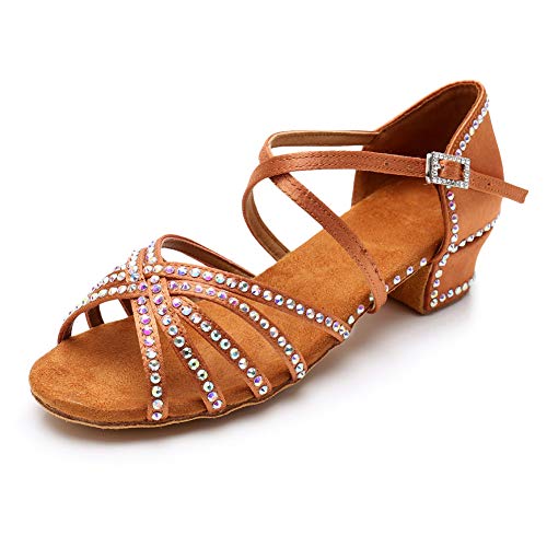 HIPPOSEUS Girls Rhinestone Latin Dance Shoes Brown Satin Ballroom Salsa Dance Practice Shoes,13 M US Little Kid