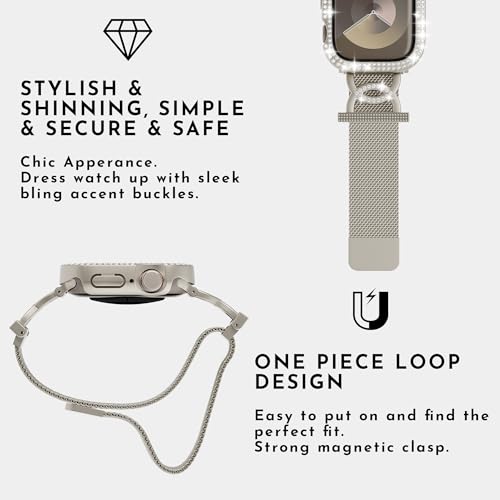OMECKY Designed Double D Mesh Loop with Bling Case Compatible With Apple Watch Band Series 6/5/4 44mm, Slim Classy Style Magnetic Strap Diamond Cover for iWatch SE, Women by OMECKY - Image 5