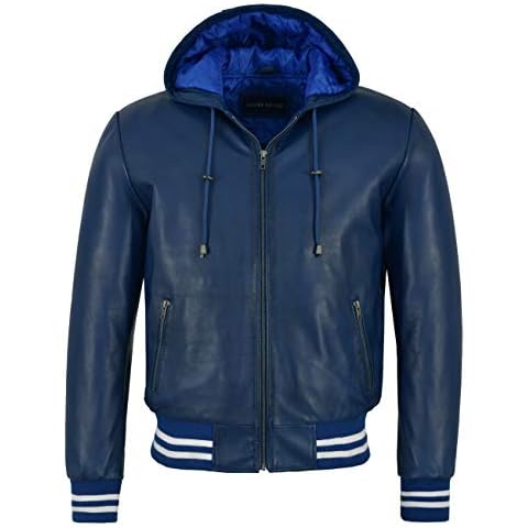 Men's Real Leather Jacket Baseball Hooded Blue 100% Napa Slim Fit Stylish 4486 (M) Cover