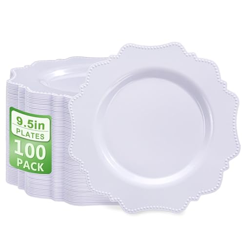COLOSUS 100pcs 9.5 Inch-White Plastic Dinner Plates, Fancy White Plastic Plates,Heavy Duty Disposable Dinner Plates for Party Wedding and Everyday Use