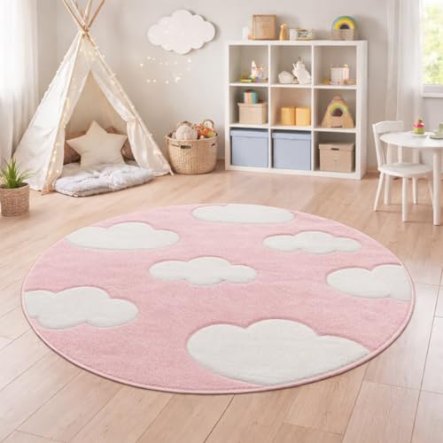 Paco Home Modern Kids Rug with Clouds in Pink Pastel
