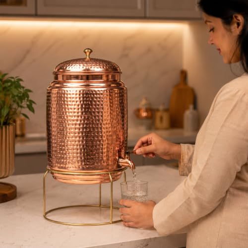 Image of Artarium Pure Copper Water Dispenser 10 Litre with Tap, Handcrafted Hammered Copper Water Storage Container, Ayurvedic Water Dispenser for Home, Office, Kitchen & Wellness Centre