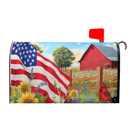 Image of Beautiful Summer Sunflower Floral Mailbox Covers Magnetic 4th of July American Flags Mailbox Cover Standard Size 21 x 18 Inch Patriotic Mail Box Wraps for Farmhouse Garden Yard Decor