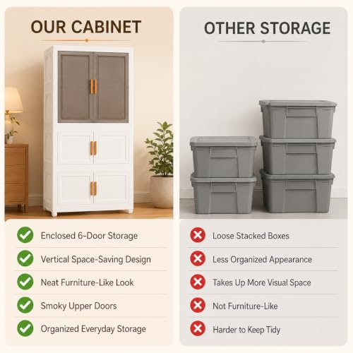 Image of KRISHYAM 3-Tier Plastic Storage Cabinet with 1 Doors Smoky Translucent Upper Doors, Multipurpose Clothes Organizer for Bedroom, Kids Room & Home, 127 x 69 x 35 cm, White Grey