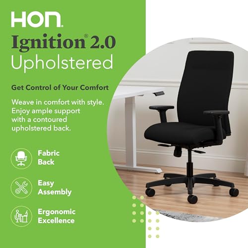 Image of HON Ignition 2.0 Ergonomic Office Chair with Adjustable Arms, Standard Synchro‑Tilt Recline, Upholstered Desk and Computer Chair for Home Office or Workstation, Black Frame, Black