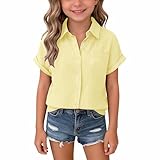 Button Short Sleeve Shirts for Women Girls Open Front Pleated Collar Neck T-Shirts Blouse Teen Summer Solid Beach Casual Tops Youth Trendy Cute Solid Tshirts Outfits Beige,Size 13-14 Years