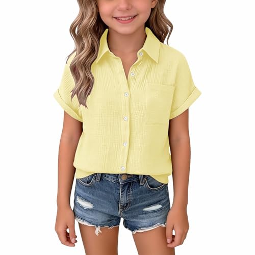 Button Short Sleeve Shirts for Women Girls Open Front Pleated Collar Neck T-Shirts Blouse Teen Summer Solid Beach Casual Tops Youth Trendy Cute Solid Tshirts Outfits Beige,Size 13-14 Years