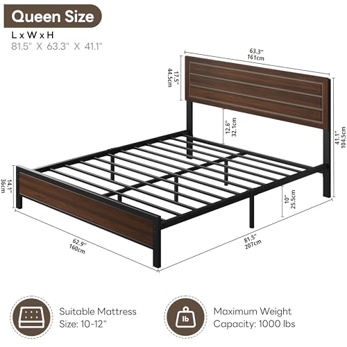 Image of LIKIMIO Queen Bed Frame with Headboard, Mid-Century Modern Queen Platform Bed, Heavy Duty Silent Metal Slats, No Box Spring Needed, Noise-Free, Dark Walnut
