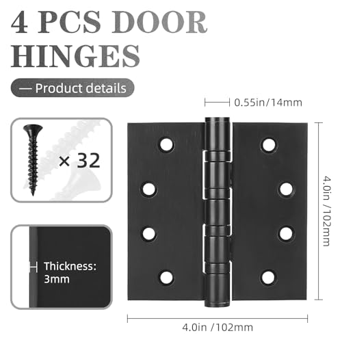 Cskunxia 4 Pack Stainless Steel Black Door Hinges, Heavy Duty Door Hardware, 4 x 4 Inch Door Hinge with Ball Bearing, Door Hinges with Square Corners by Cskunxia - Image 2