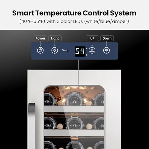 Image of 15 inch Wine Fridge Cooler 33 Bottles Wine Refrigerator Under Counter with Glass Door 3 LED Built-in or Freestanding Fridge Adjustable Shelves for Home Bar Kitchen 3.0 cu.ft