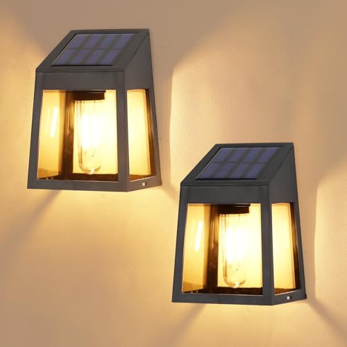 Wowlela Applique Murale Solaire Extérieure,2 pièces lampes solaires pour jardin extérieur, IP65 étanche à l'eau lampe solaire extérieure chaude blanche lampes solaires extérieures pour jardin