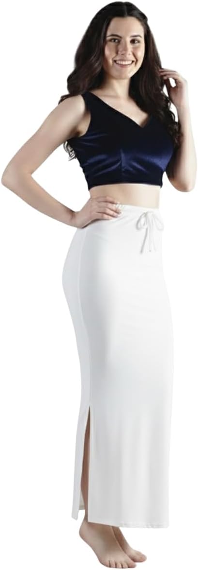 Women’s Body-Hugging Stretchable Saree Shapewear – Smooth Fit Slimming Petticoat (US, Alpha, One Size, Regular, Long, M-L, White)