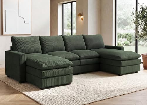 Image of HONBAY 127.2 Inch Corduroy Cloud Modular Sectional Sofa with Chaise, Deep Seat U-Shaped Couch with Storage for Living Room, Apartment, Small Space,Green