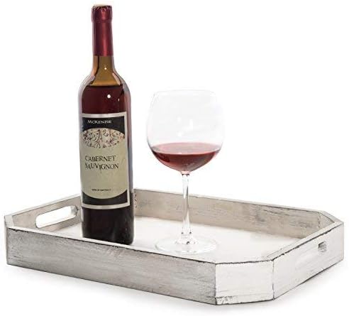 MyGift Whitewashed Wood Serving Tray with Handles and Angles Edges, Farmhouse Coffee Table Decorative Tray