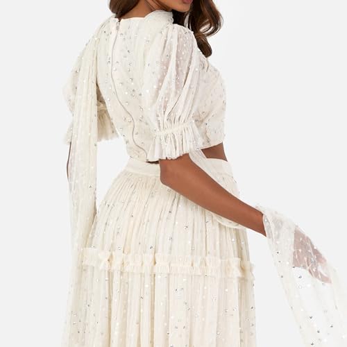 Maya Deluxe Indian Traditional Dress for Women Outfit Lengha Choli Lehenga Saree Skirt and Top Dupatta Coord Set for Wedding Guest Cream with Sequins Size 40