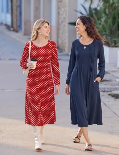 Image of Zeagoo Fall Dresses for Women Long Sleeve Midi Dress Casual A Line Dresses 2026 Pleated Flare Dress with Pockets