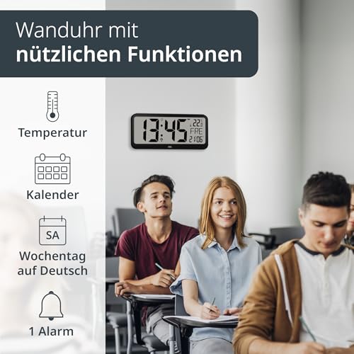 ADE Sehr große Digitale Wanduhr mit XXL-Ziffern | Funkuhr mit Kalender | perfekt für Büro, Großraum, Werkstatt, Senioren | Thermometer & Alarm | Tischuhr schwarz