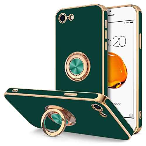 Image of Hython for iPhone SE 2022, iPhone SE 2020, iPhone 7 Case, iPhone 8 Case Ring Holder Stand Magnetic Kickstand, Plating Rose Gold Soft TPU Bumper Camera Protection Shockproof Phone Cases-Midnight Green