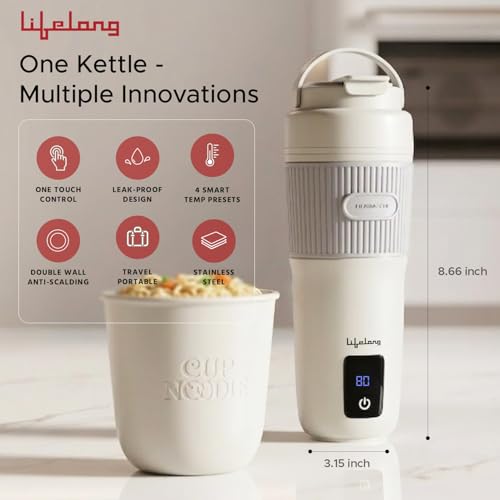 Image of Lifelong 2 in1 Portable Electric Kettle & Bottle for Travel 400ml |Wide Voltage-for Homes(220v) & Indian Trains(110v)| Quick Boil |4 Temp |Digital Touch Ctrl |Cool Touch |Make Tea /Coffee Without Milk